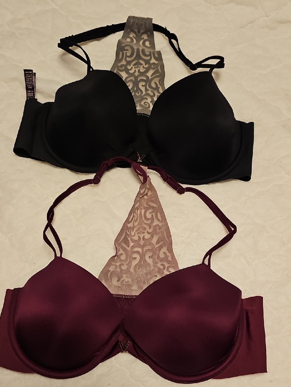 Victoria's Secret Black and Burgundy Lace-Back Push-Up Bras